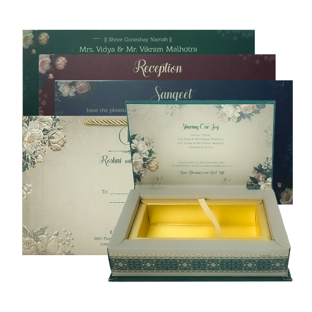 Check out dark green floral wedding invitation box at best price. ✅WhatsApp Support ✅Express Delivery.|King of cards.