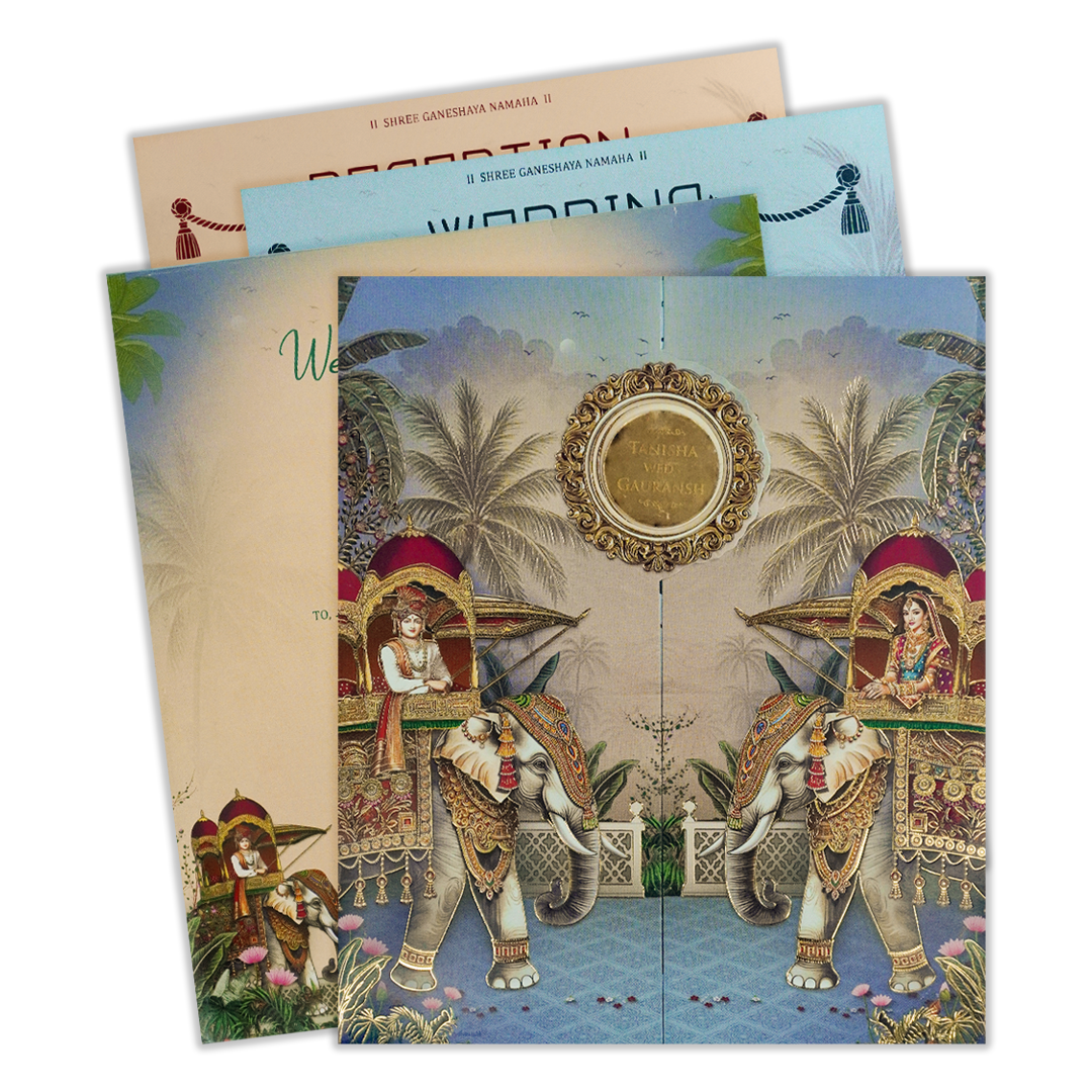 Check out Blue Palms Elephant Wedding Card at best price. ✅WhatsApp Support ✅Express Delivery.|King of cards.