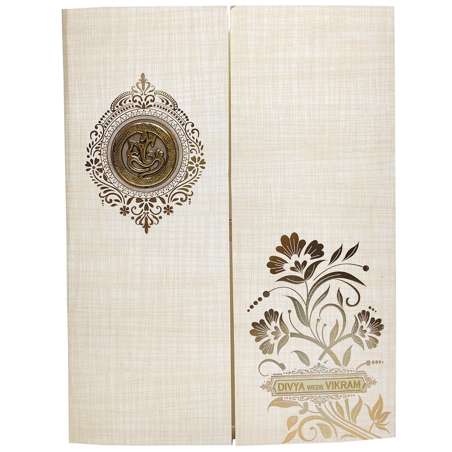 Luxury wedding invitation cards invite features a door type pattern on the main card with floral design at the right door of the card with bride and groom name plate in acrylic.