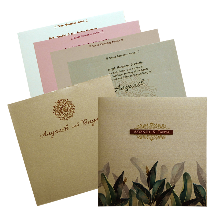 Khaki Embossed Leaf Wedding Invitation-KRC30602