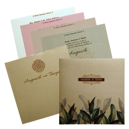 Khaki Embossed Leaf Wedding Invitation-KRC30602
