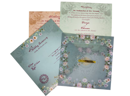 Selling Blue floral envelope with acrylic nameplate and tracing sheet invitation card online. Buying invitation cards made easy with King of Cards! &amp;
