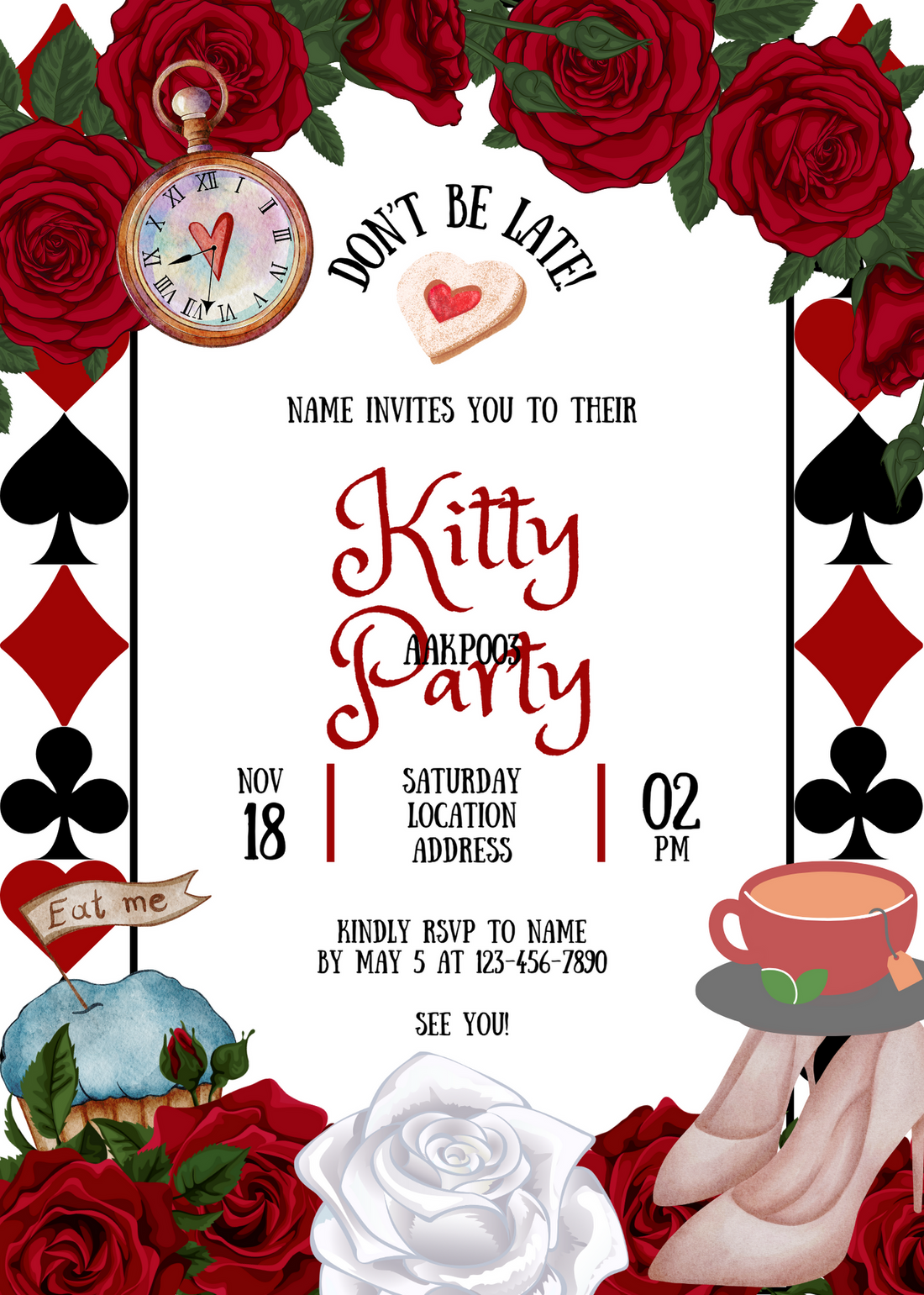 White Background Rose Kitty Party Invitation-King of Cards