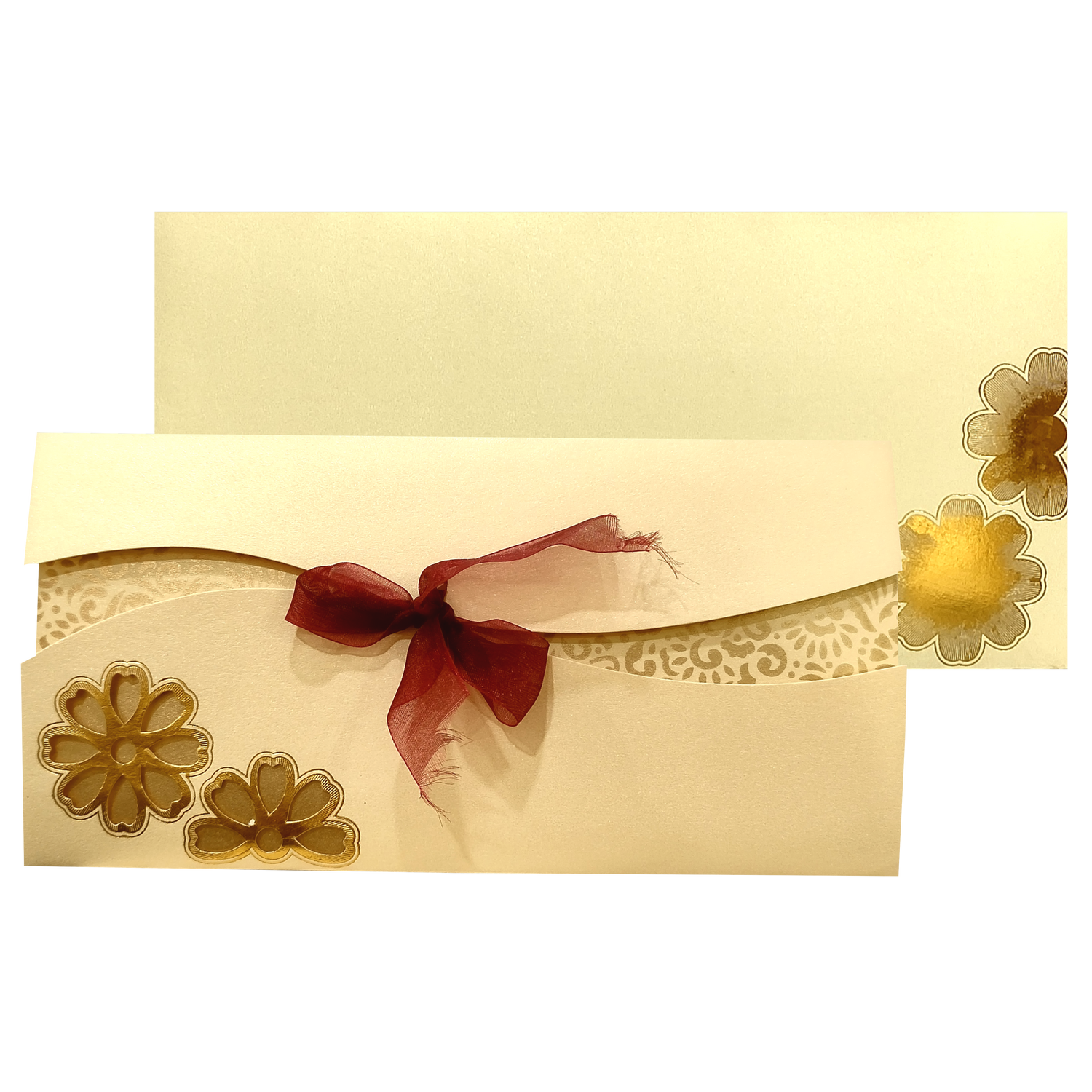 Cream Floral Ribbon Invitation Card-KNK30381