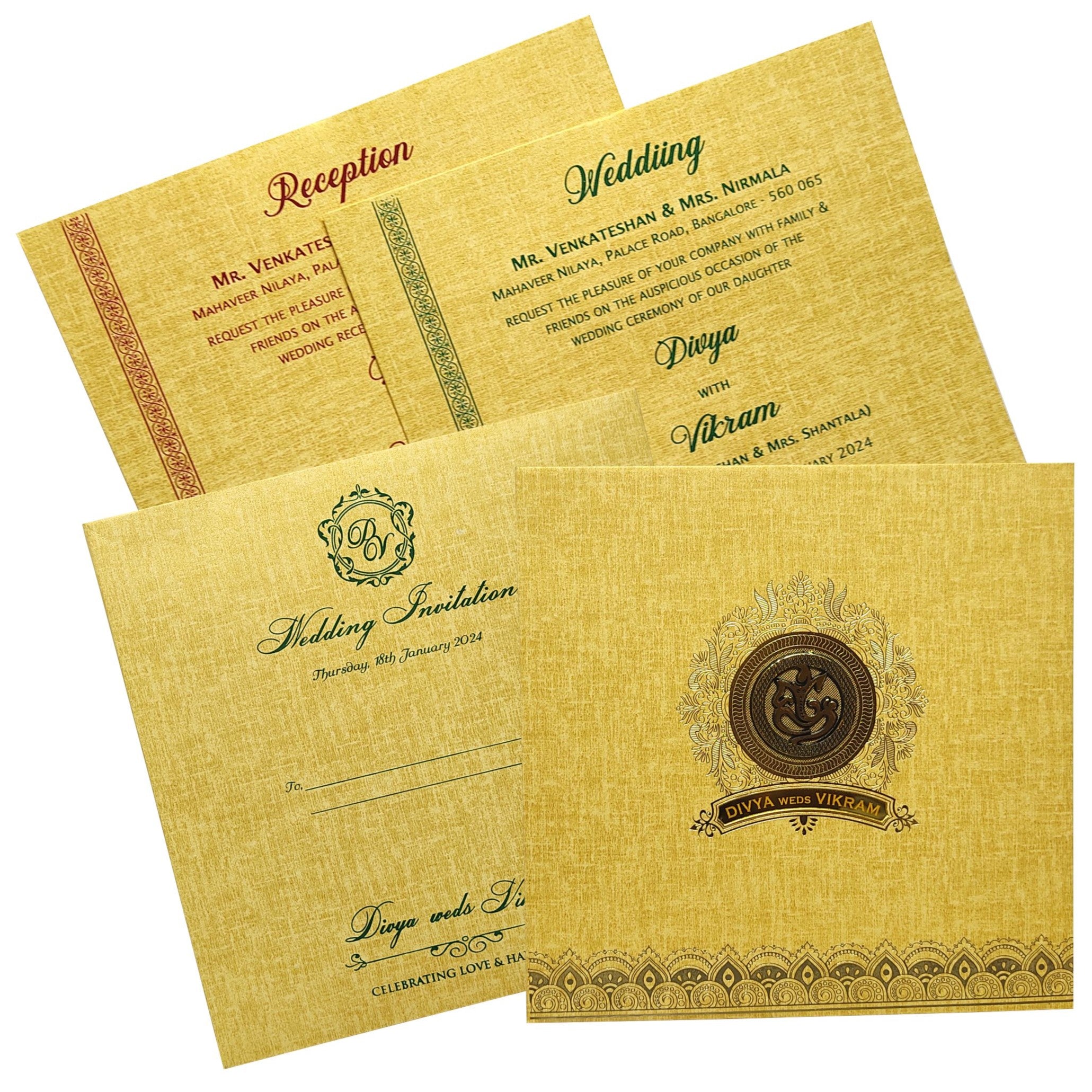 Check out the collection of Gold padded with gold foil border and ganesha sticker and nameplate invitation card at best price. ? Customer Support ? Home Delivery