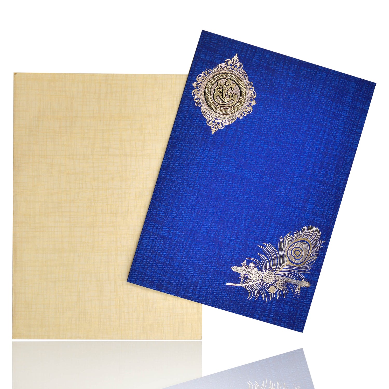 Blue Classic Paper Print Peacock Feather With Flute Invitation Card-KNCP811B