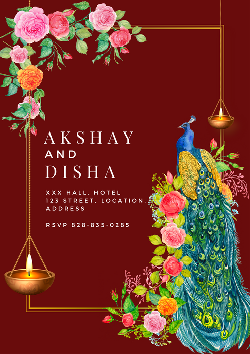 Maroon Peacock Design Gujarati Wedding Invitation-King of Cards