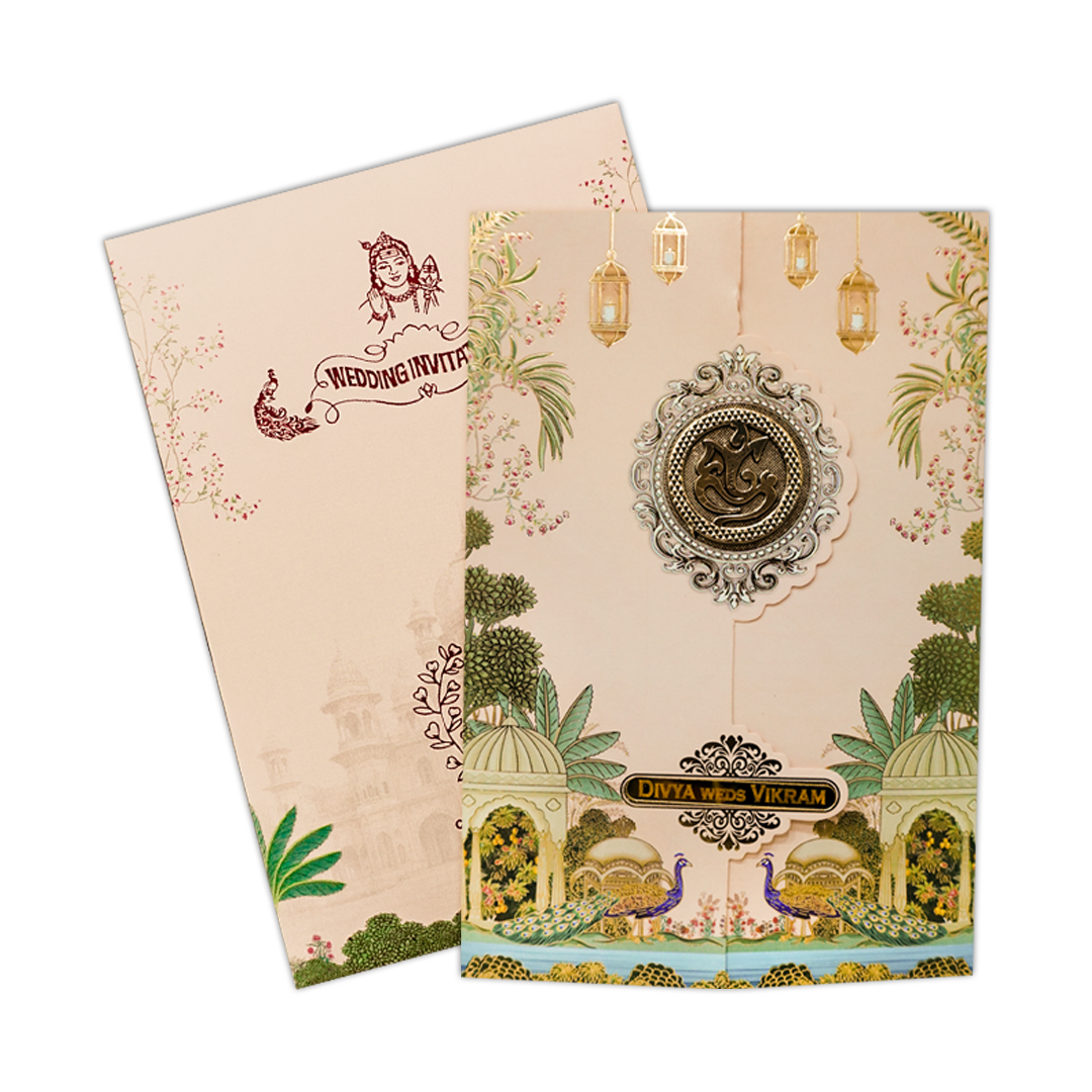 Cream Palace Peacock Wedding Card-KNKY2601