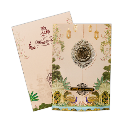 Cream Palace Peacock Wedding Card-KNKY2601