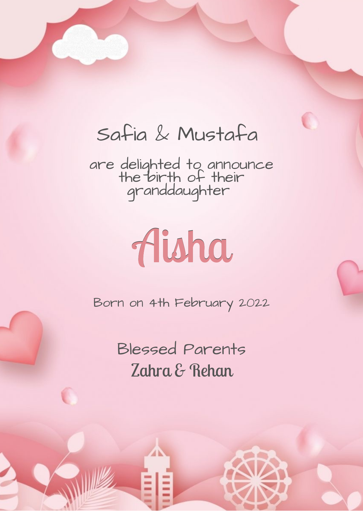 Pink Clouds Baby Birth Announcement Invitation-AABBA005
