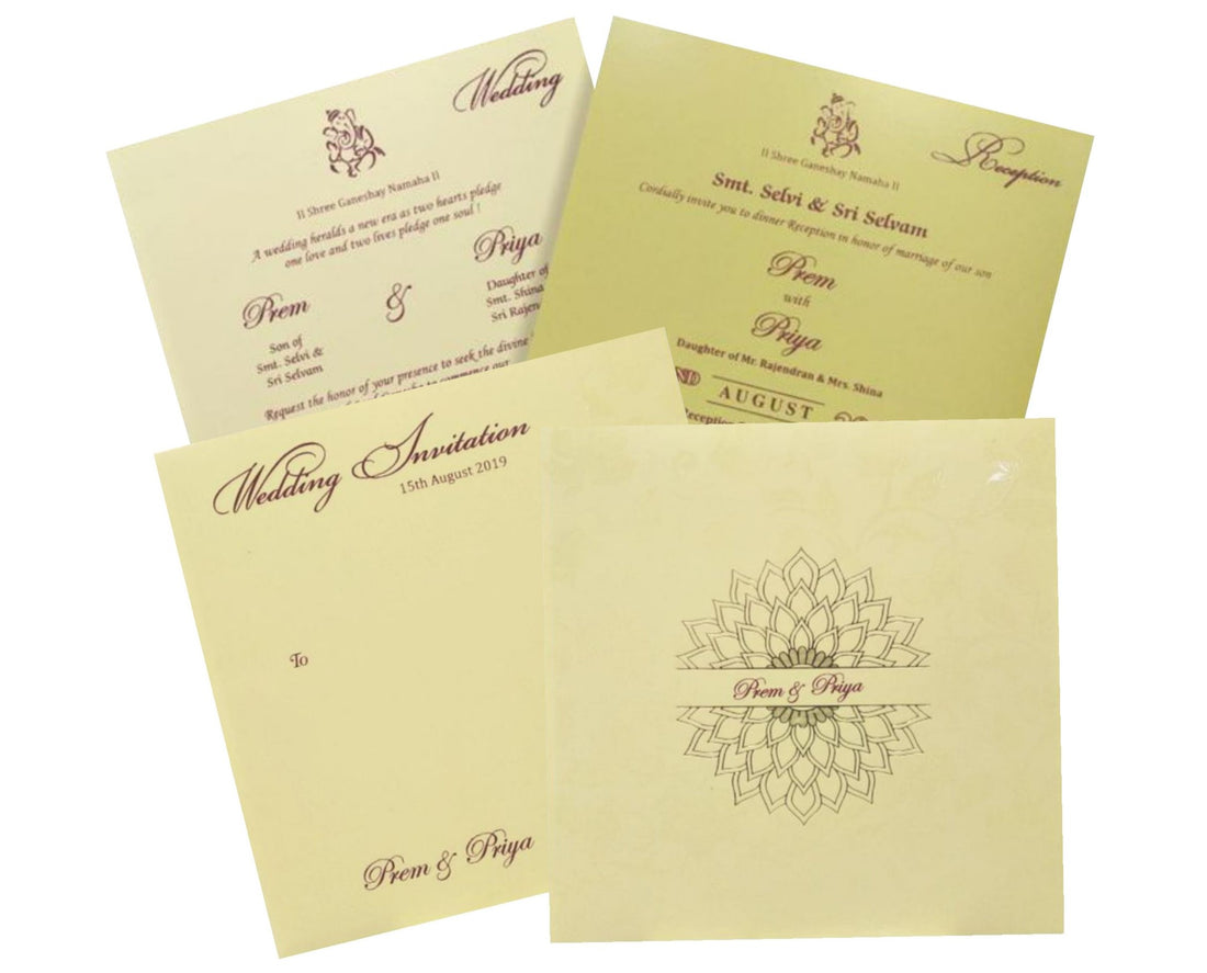 This wedding card is a designer card with equal orientation. This card has flower theme with alluring cream shading. The names of bride and groom will be printed at the centre which is surrounded by gold foiling. This card usually has two inserts with a cover. Additional inserts will be available on extra cost. Minimum quantity per order is 100. This card is made of rubber board which makes it more preferable for the customers. Click the WATCH VIDEO icon to see the video of the card.