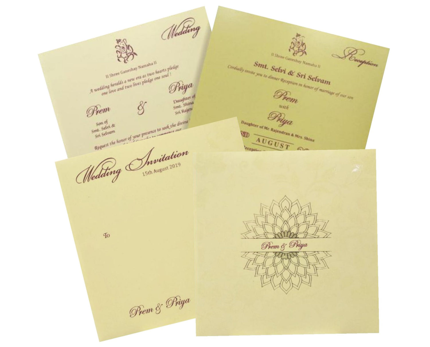 This wedding card is a designer card with equal orientation. This card has flower theme with alluring cream shading. The names of bride and groom will be printed at the centre which is surrounded by gold foiling. This card usually has two inserts with a cover. Additional inserts will be available on extra cost. Minimum quantity per order is 100. This card is made of rubber board which makes it more preferable for the customers. Click the WATCH VIDEO icon to see the video of the card.