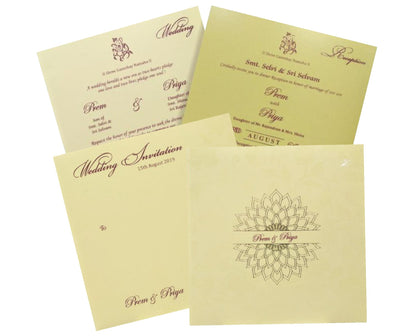 This wedding card is a designer card with equal orientation. This card has flower theme with alluring cream shading. The names of bride and groom will be printed at the centre which is surrounded by gold foiling. This card usually has two inserts with a cover. Additional inserts will be available on extra cost. Minimum quantity per order is 100. This card is made of rubber board which makes it more preferable for the customers. Click the WATCH VIDEO icon to see the video of the card.