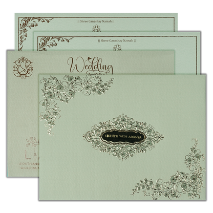 Check out Green Floral Embossed Padded Wedding Card at best price.✅WhatsApp Support ✅Express Delivery.| King of Cards.