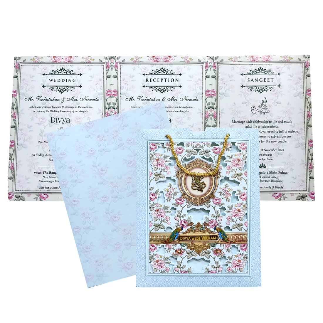 Blue Floral Twofold Wedding Card-KNKQ8304