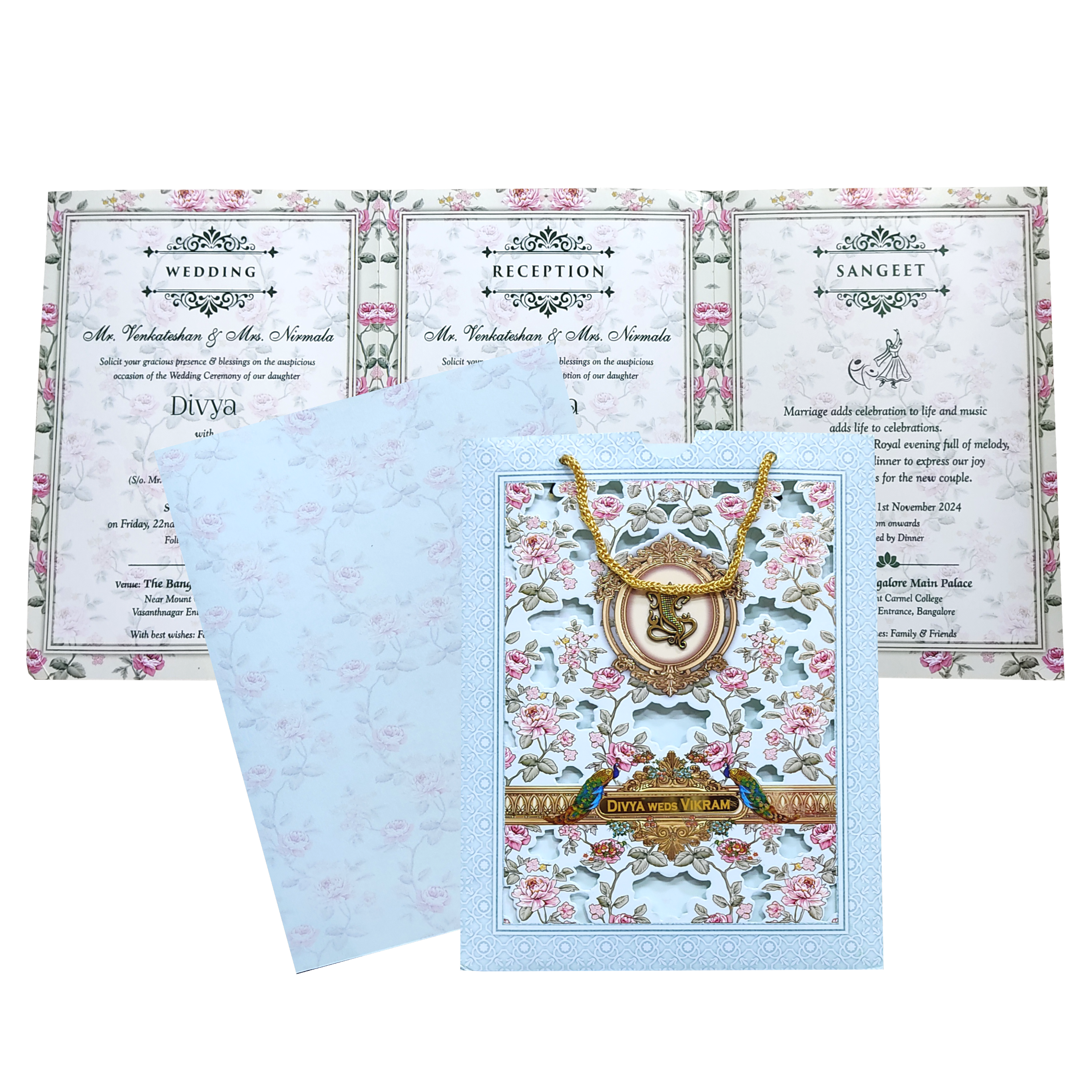 Blue Floral Twofold Wedding Card-KNKQ8304