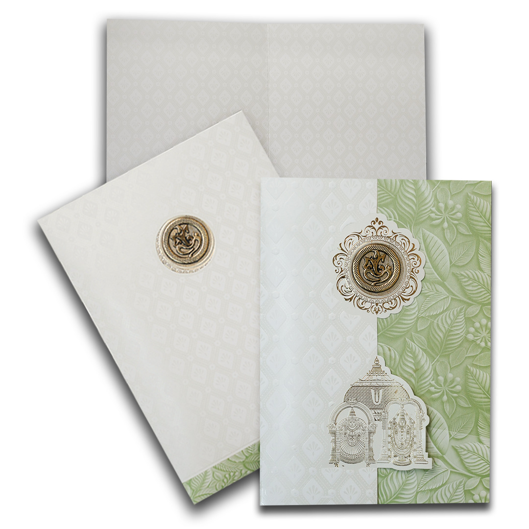 Checkout White Pastel Green Ganesha Temple Wedding Card at best price. ?WhatsApp Support ?Express Delivery.|King of cards.