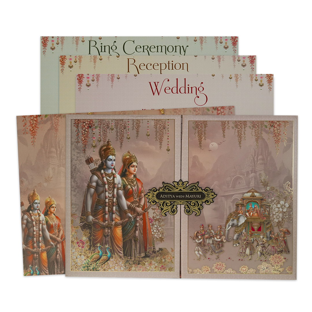 Check out Ram Sita Procession Padded Wedding Card at best price.✅WhatsApp Support ✅Express Delivery.|King of cards.