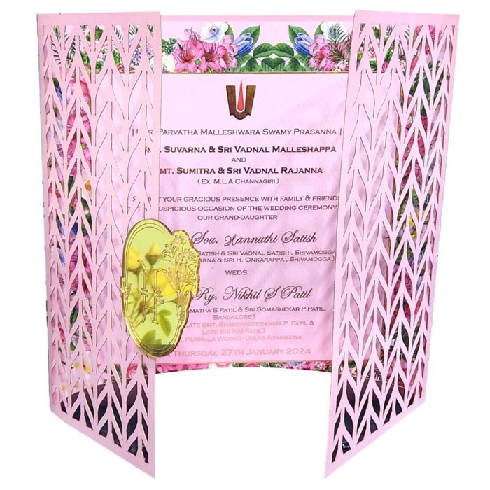 Pink Trendy Laser Cut Invitation With Gold Wedding Logo-KNKYP003-King of Cards