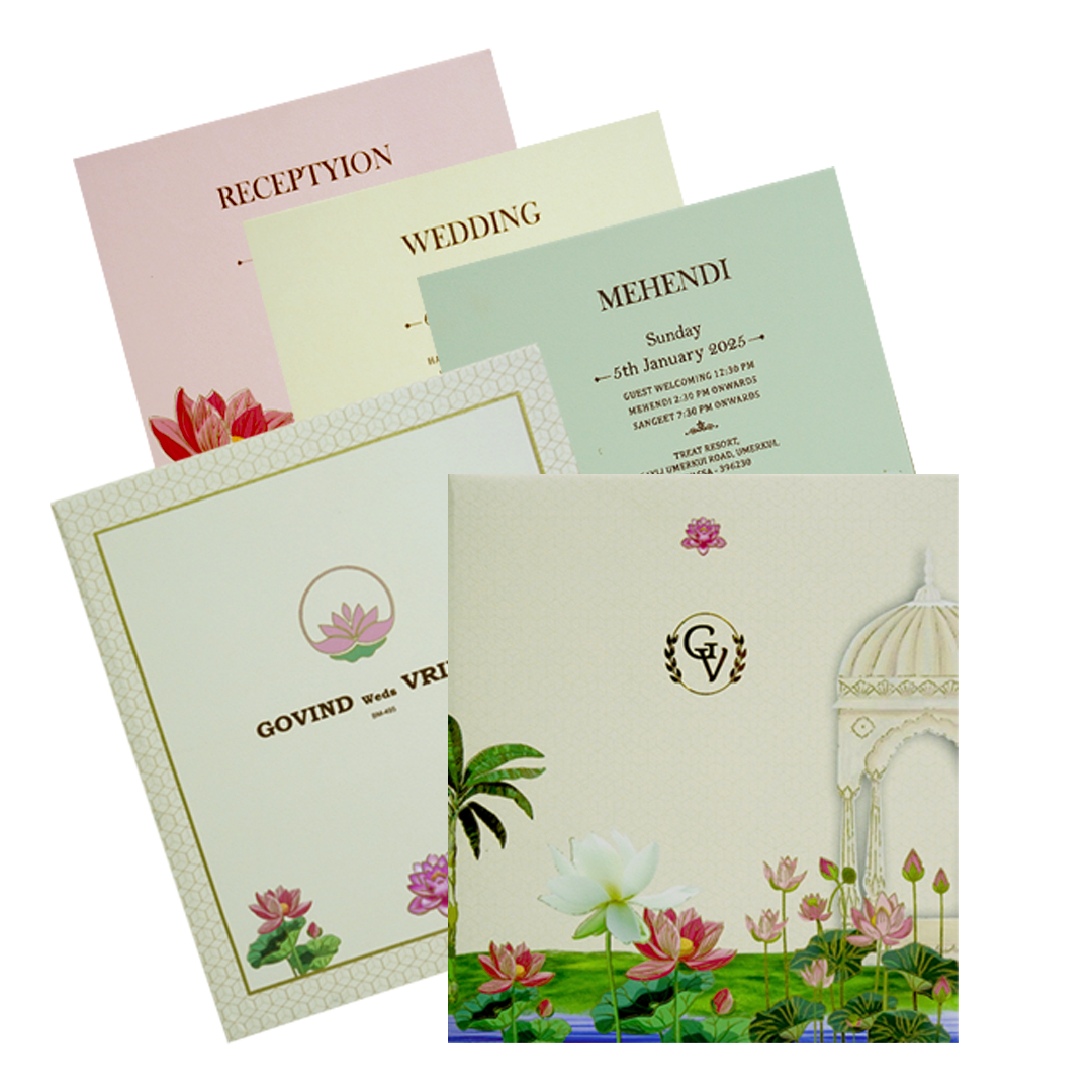 Make your event special with our exclusive Cream Lotus Marriage Card Order now! ?WhatsApp Support ?Express Delivery