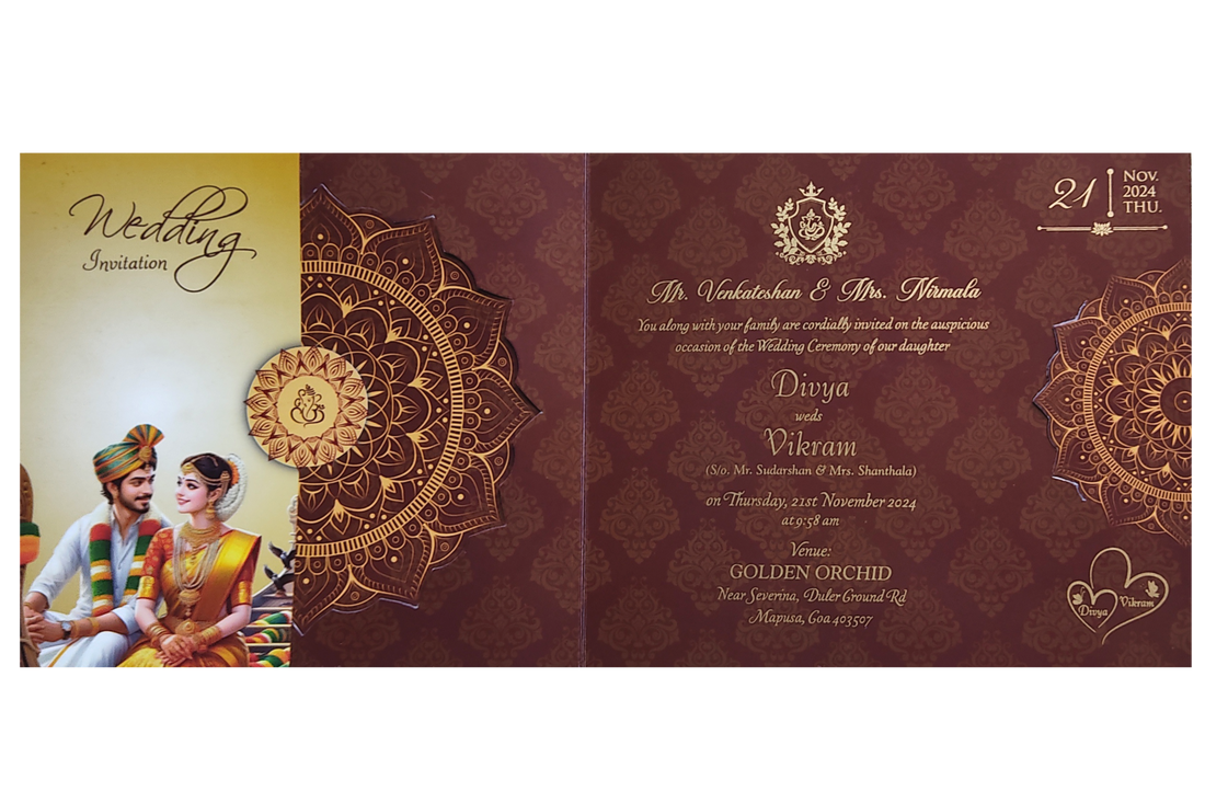 Maroon South Indian Threefold Wedding Card-KNTH9607M