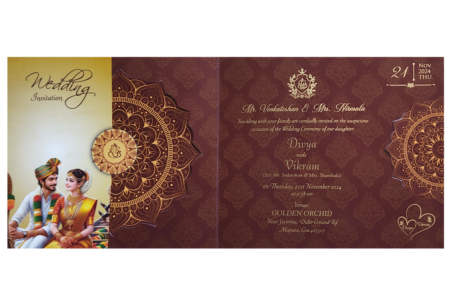 Maroon South Indian Threefold Wedding Card-KNTH9607M