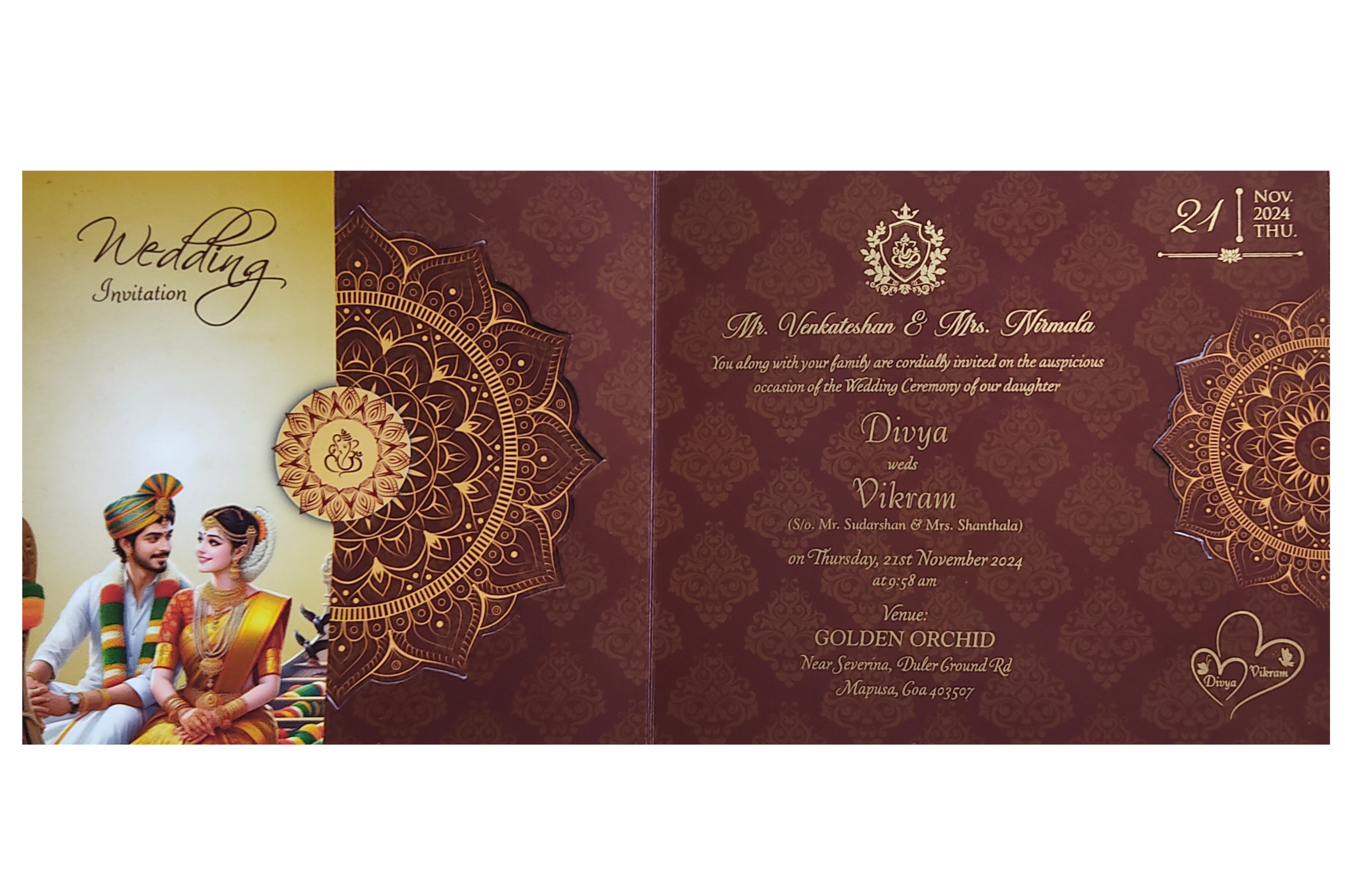 Maroon South Indian Threefold Wedding Card-KNTH9607M