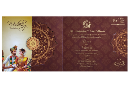 Maroon South Indian Threefold Wedding Card-KNTH9607M