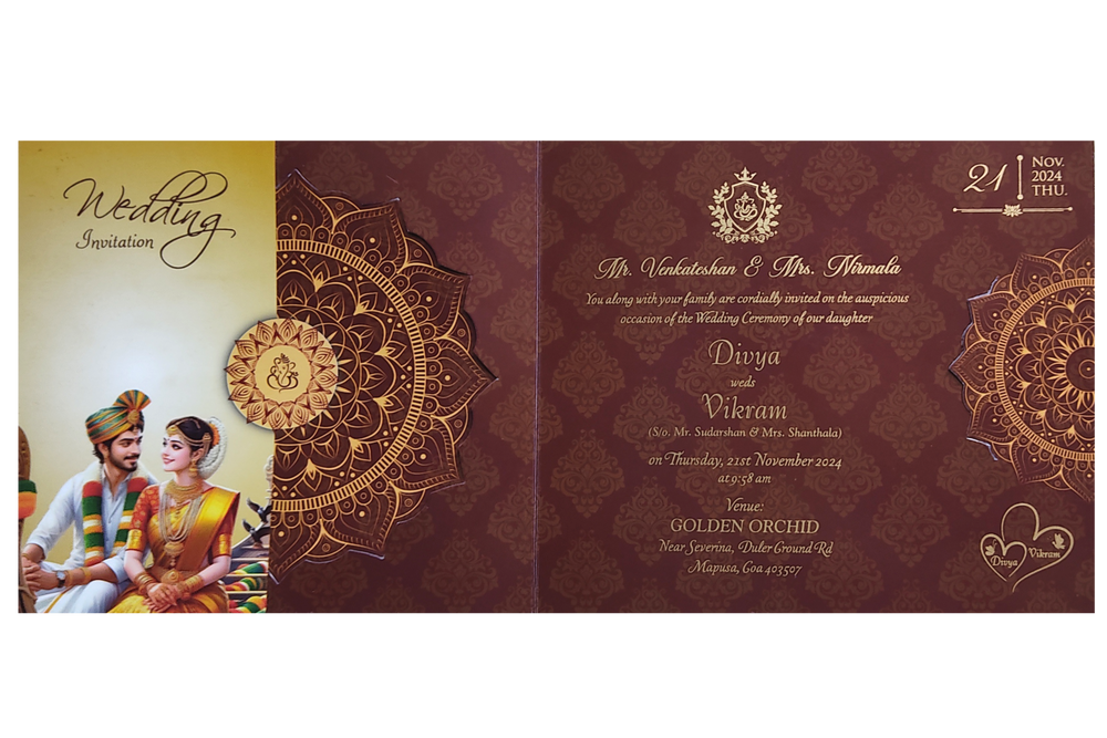 Maroon South Indian Threefold Wedding Card-King of Cards