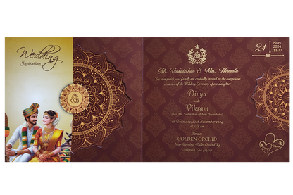 Maroon South Indian Threefold Wedding Card-King of Cards