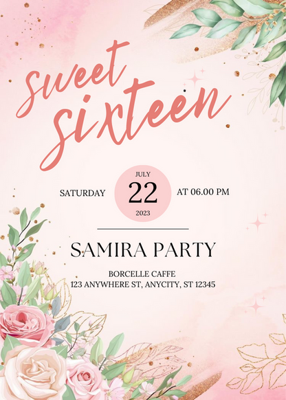 Pink Floral Sweet 16 Invitation-AASIX001