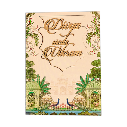 Cream Palace Peacock Padded Wedding Card-KNOR5203