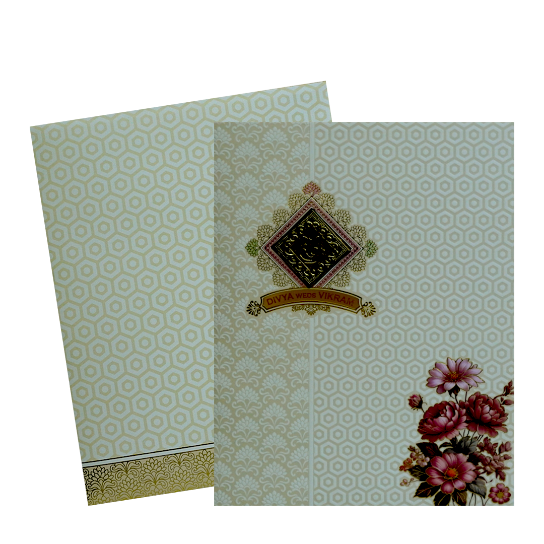 White Floral Nameplate Wedding Card-KNJP1202