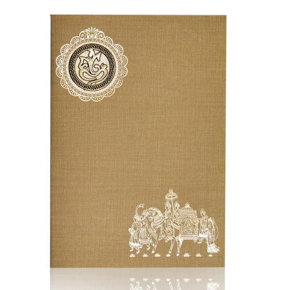 Brown Gold Prince Paper Print With Gold Foiling Baraat Print And Ganesh Sticker-KNPP717N-King of Cards