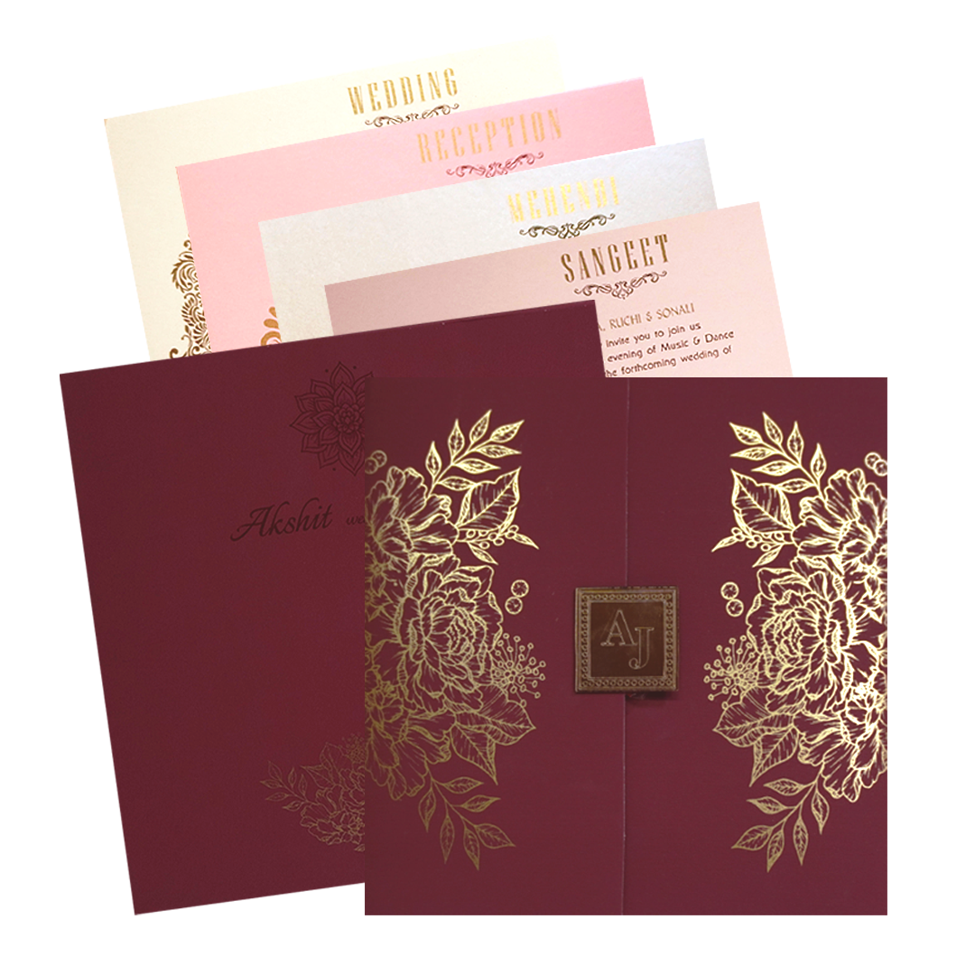 Maroon Floral Door Invitation Card-KRC30412