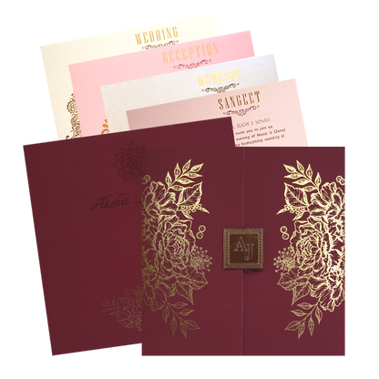 Maroon Floral Door Invitation Card-KRC30412