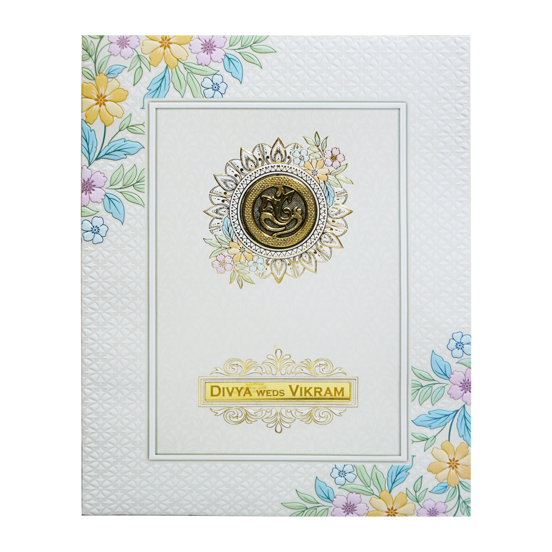 White Minimal Floral Embossed Invitation Card-KNJP1203