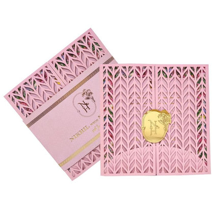 Pink Trendy Laser Cut Invitation With Gold Wedding Logo-KNKYP003-King of Cards