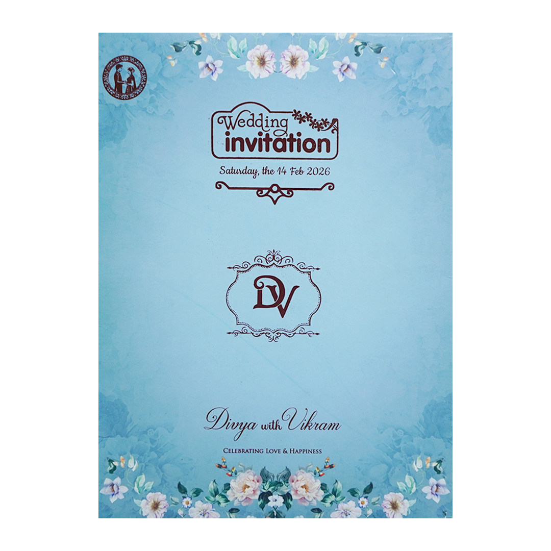 Blue Floral Ganesha Double Door Wedding Card - KNLY6103