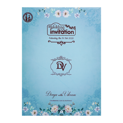 Blue Floral Ganesha Double Door Wedding Card - KNLY6103