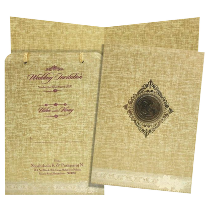 Brown Gold Premium Padded Stiff Board Invitation Card With Ganesha-KNPS9512N-King of Cards