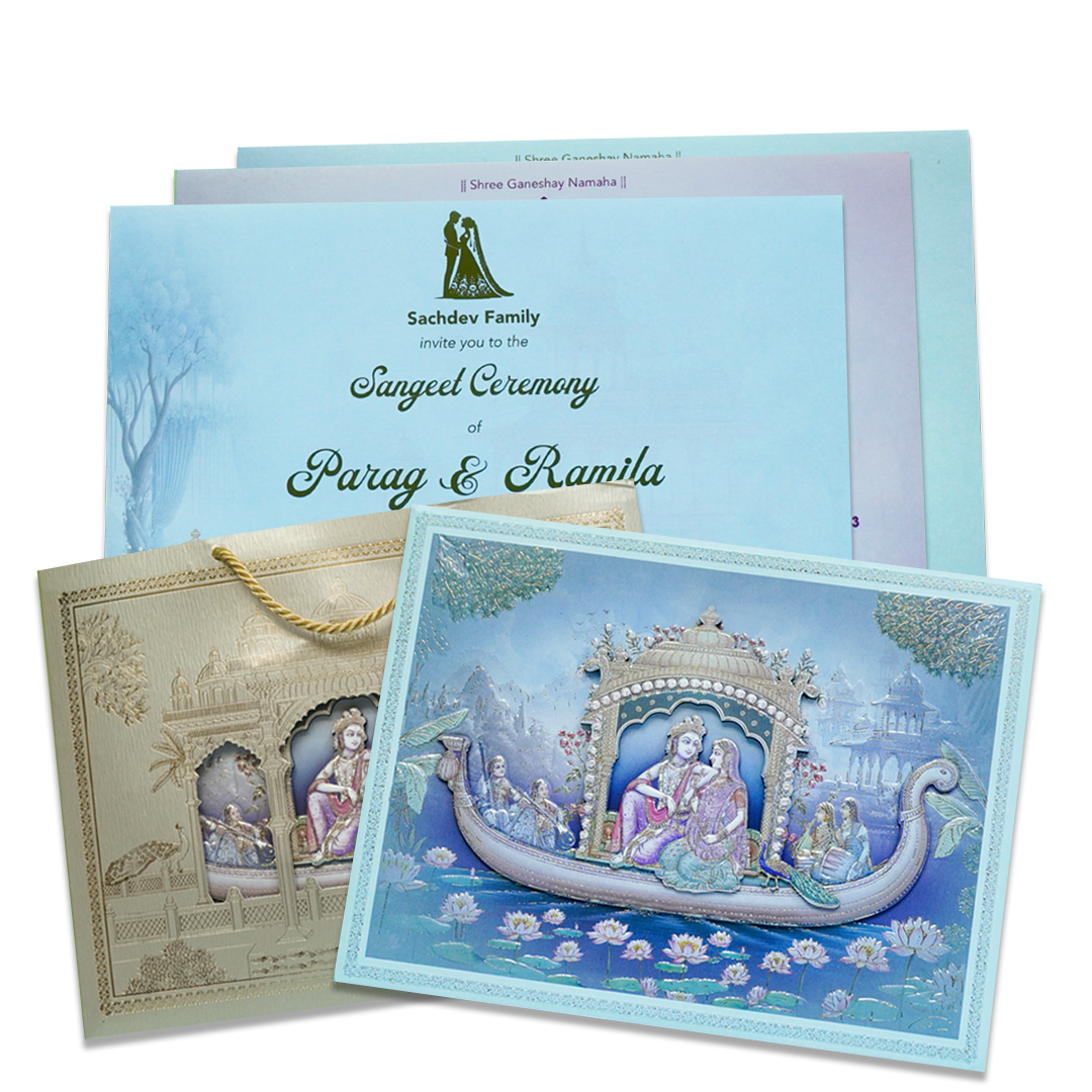 Check out Radha Krishna Boat Theme Padded Wedding Card at best price.✅WhatsApp Support ✅Express Delivery.|King of cards.

