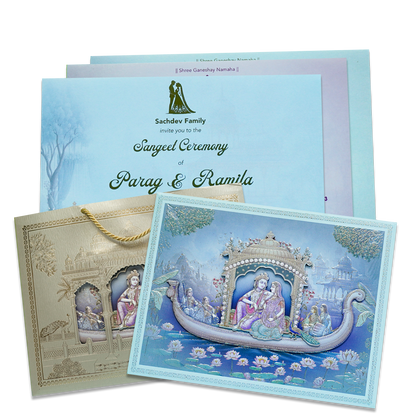 Check out Radha Krishna Boat Theme Padded Wedding Card at best price.✅WhatsApp Support ✅Express Delivery.|King of cards.

