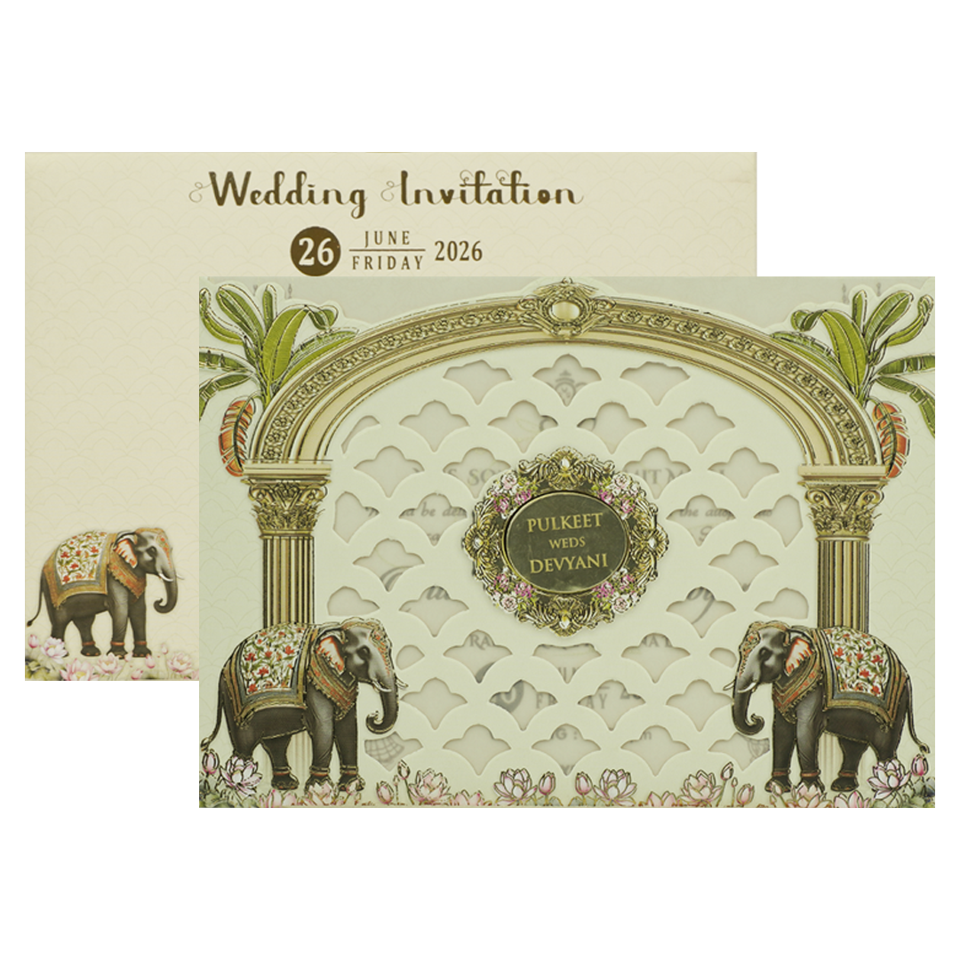 Cream Elephant Laser Cut Wedding Card-KJTS1812