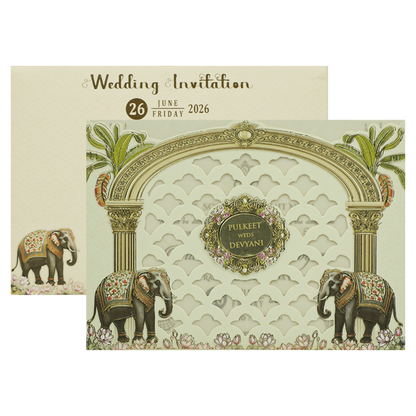 Cream Elephant Laser Cut Wedding Card-KJTS1812