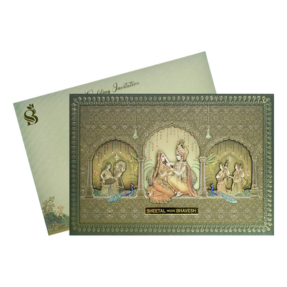Metallic Green Radha Krishna Padded Wedding Card-KSI64220