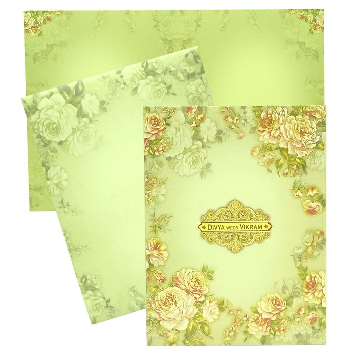 Pista Green Floral Design In Offset Wedding Card-KNKC4036-King of Cards