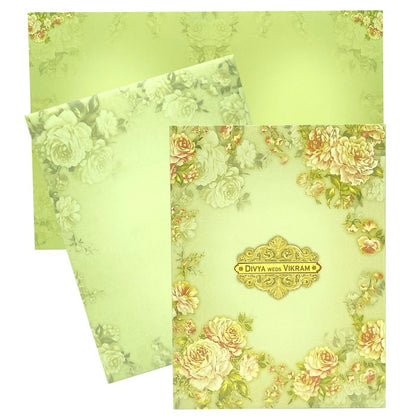 Pista Green Floral Design In Offset Wedding Card-KNKC4036-King of Cards
