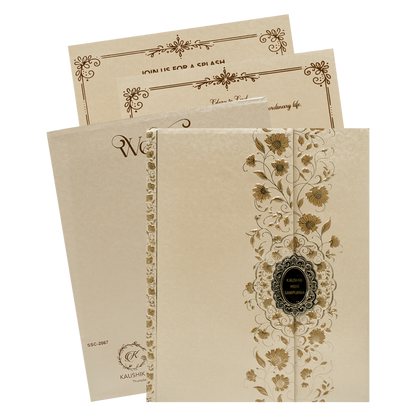 Check out Cream Gold Floral Padded Wedding Card at best price. ✅WhatsApp Support ✅Express Delivery.|King of cards.