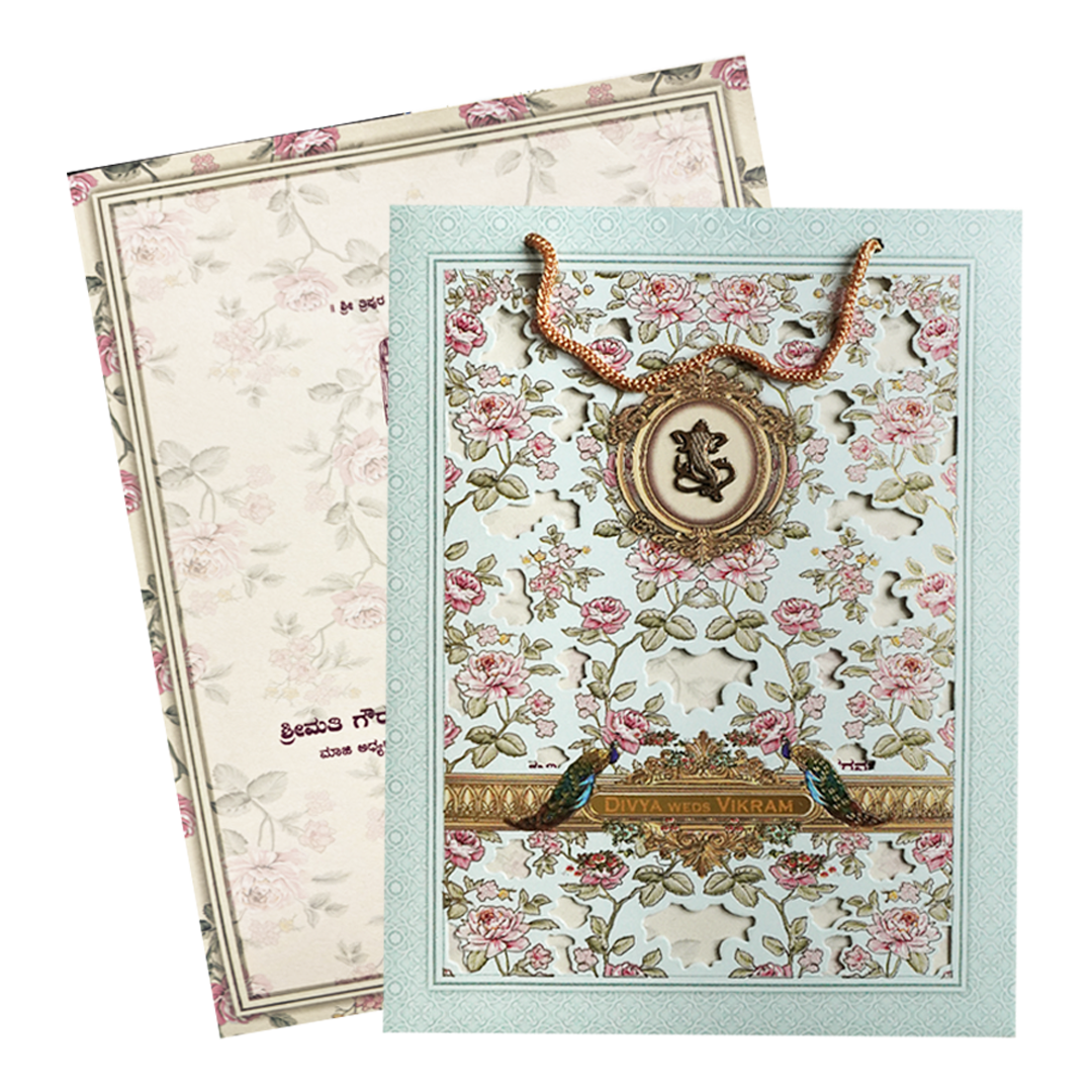 Blue Floral Laser-Cut Wedding Bag Card-KNAS3103